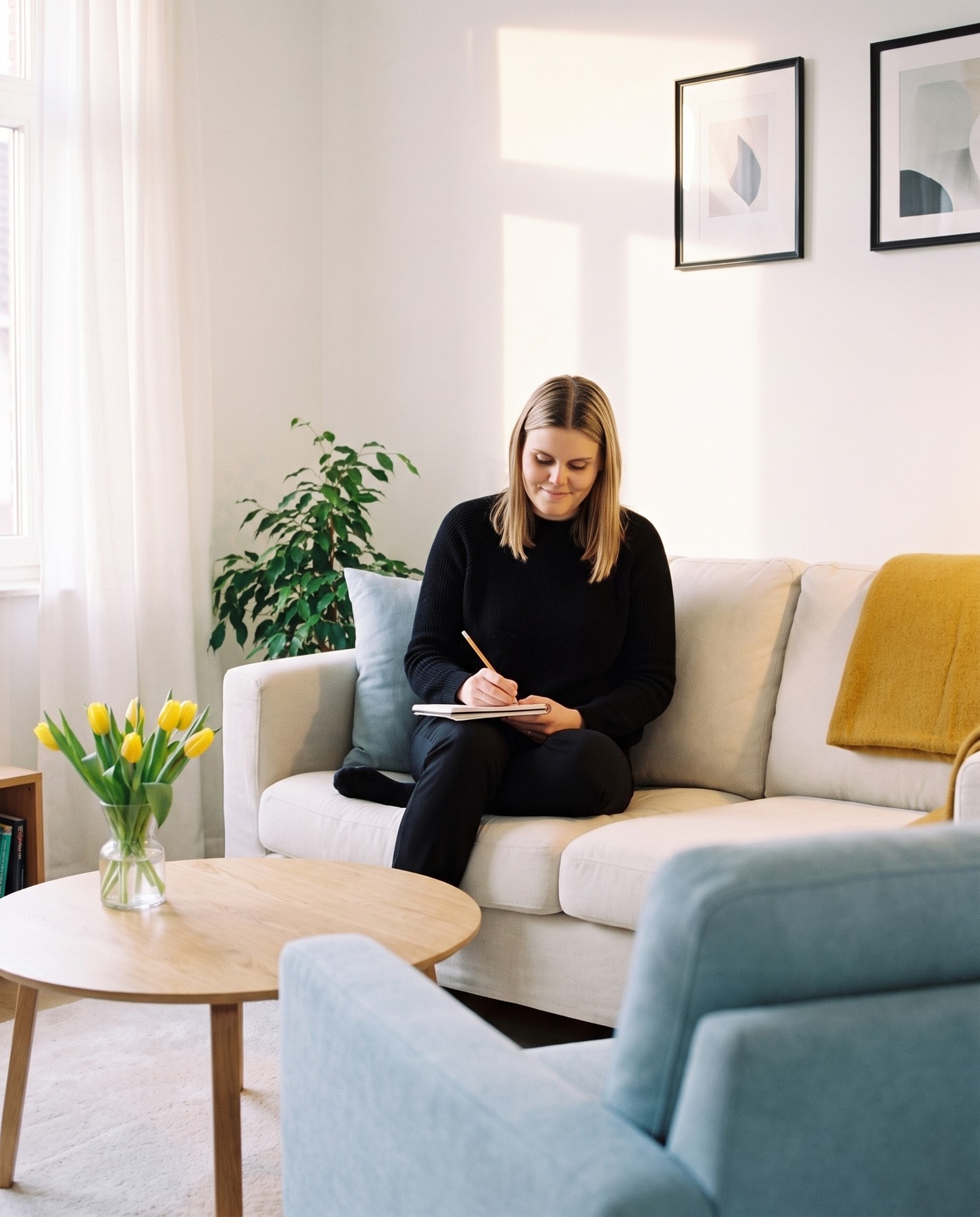 Louise schrijft in haar notitieboek op de sofa